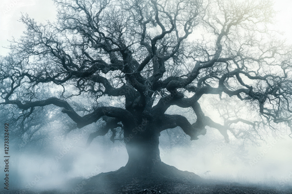 Einzelner Baum ohne Blätter im Winter, Dunst, Nebel, Generative AI