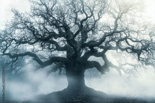 Obraz na płótnie Einzelner Baum ohne Blätter im Winter, Dunst, Nebel, Generative AI w salonie