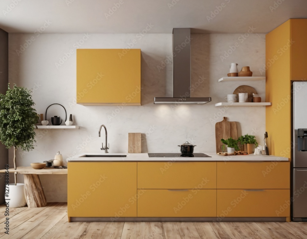 Fototapeta premium Modern Kitchen interior with empty blank wall for mockup template display. 3D Rendering