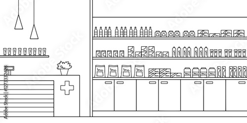 Pharmacy interior graphic store shop black white sketch illustration vector 