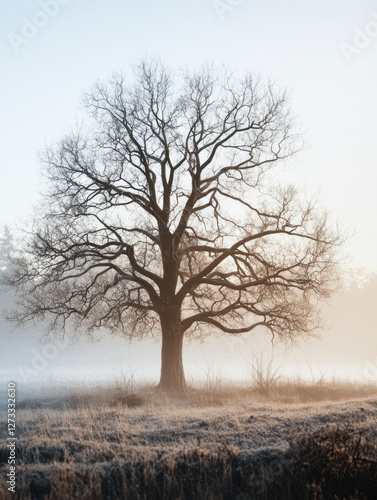 Obraz na płótnie Einzelner Baum ohne Blätter im Winter, Dunst, Nebel, Generative AI w salonie