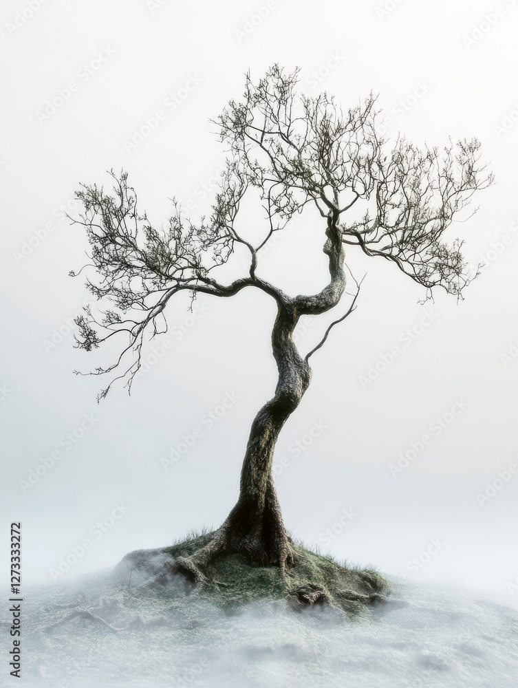 Einzelner Baum ohne Blätter im Winter, Dunst, Nebel, Generative AI