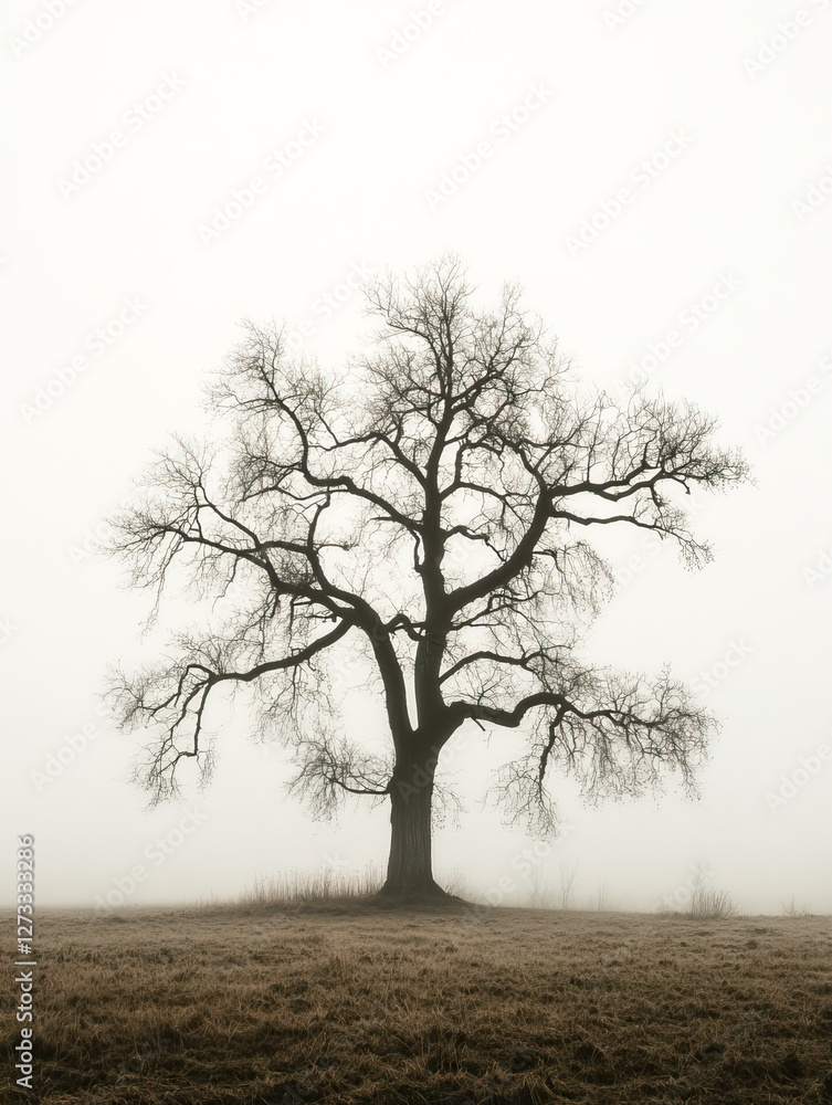 Einzelner Baum ohne Blätter im Winter, Dunst, Nebel, Generative AI