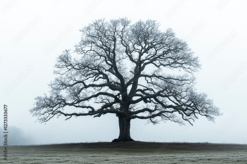 Einzelner Baum ohne Blätter im Winter, Dunst, Nebel, Generative AI