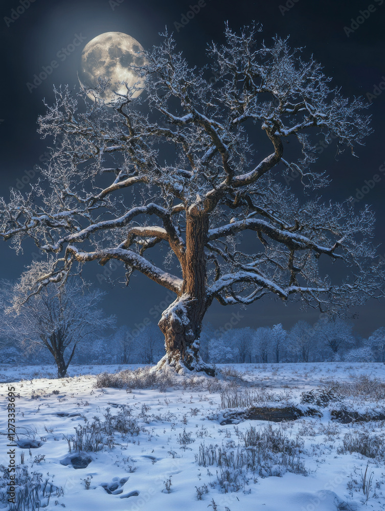 Einzelner Baum ohne Blätter bei Nacht im Winter, Vollmond, Dunst, Nebel, Generative AI.