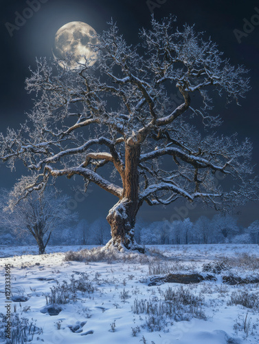 Obraz na płótnie Einzelner Baum ohne Blätter bei Nacht im Winter, Vollmond, Dunst, Nebel, Generative AI. w salonie
