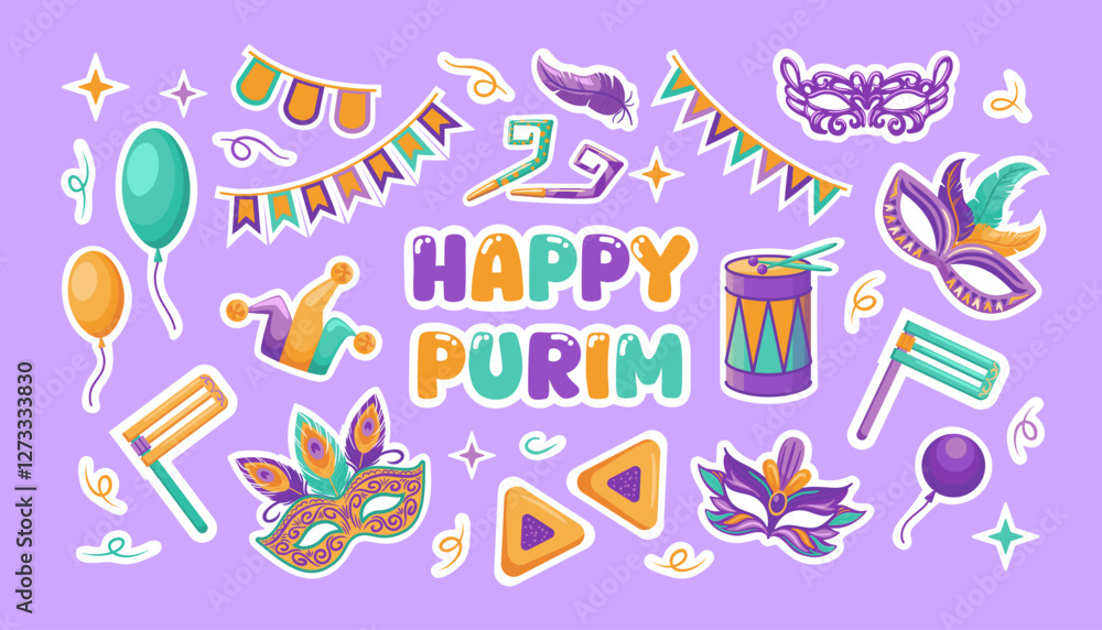 Happy Purim set vibrant vector illustration featuring essential elements like hamentashen, masks, festive garlands, jester hats, and colorful balloons, capturing the joy and fun of the holiday. Happy Purim set vibrant vector illustration featuring essential elements like hamentashen, masks, festive garlands, jester hats, and colorful balloons, capturing the joy and fun of the holiday.