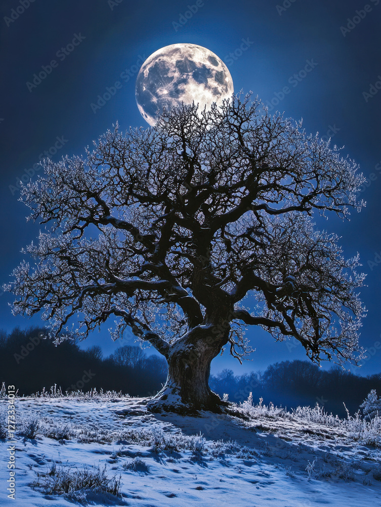 Einzelner Baum ohne Blätter bei Nacht im Winter, Vollmond, Dunst, Nebel, Generative AI.