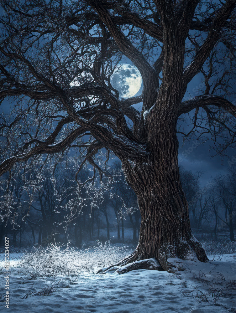 Einzelner Baum ohne Blätter bei Nacht im Winter, Vollmond, Dunst, Nebel, Generative AI.