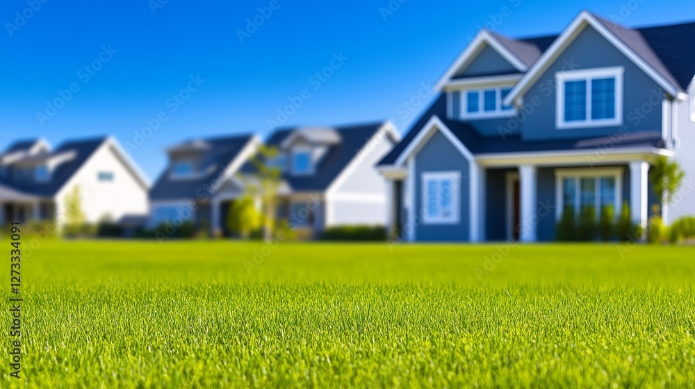 Beautiful suburban homes with lush green lawns under a clear blue sky, ideal for real estate marketing Beautiful suburban homes with lush green lawns under a clear blue sky, ideal for real estate marketing