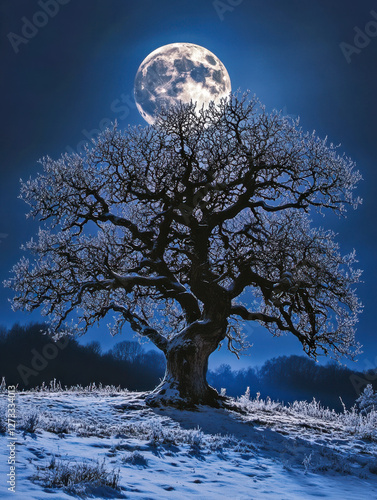 Obraz na płótnie Einzelner Baum ohne Blätter bei Nacht im Winter, Vollmond, Dunst, Nebel, Generative AI. w salonie