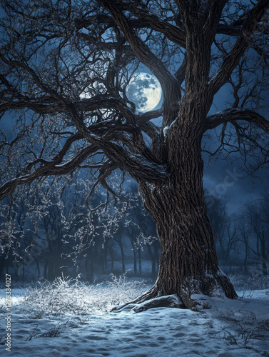 Einzelner Baum ohne Blätter bei Nacht im Winter, Vollmond, Dunst, Nebel, Generative AI.