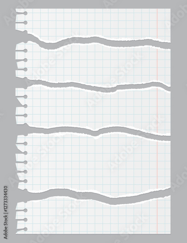 Torn Realistic notebook squared paper sheet.  Vector illustration of torn blank page with uneven texture edges. Damaged letter, document mockup.