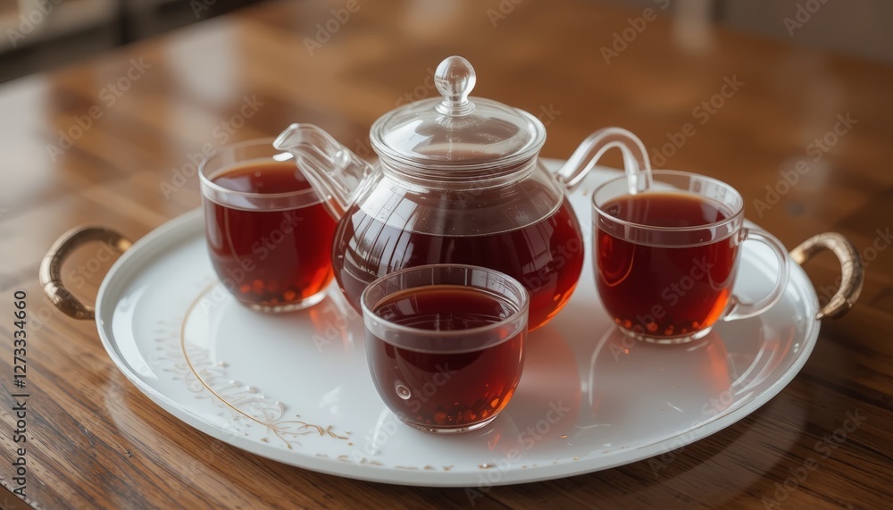A glass teapot and three cup arrangement showcasing freshly brewed tea, evoking warmth and inviting moments of sharing and relaxation. A glass teapot and three cup arrangement showcasing freshly brewed tea, evoking warmth and inviting moments of sharing and relaxation.