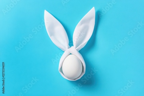 Easter bunny ears made of white napkin with egg on blue background. Minimal styled easter card concept photo