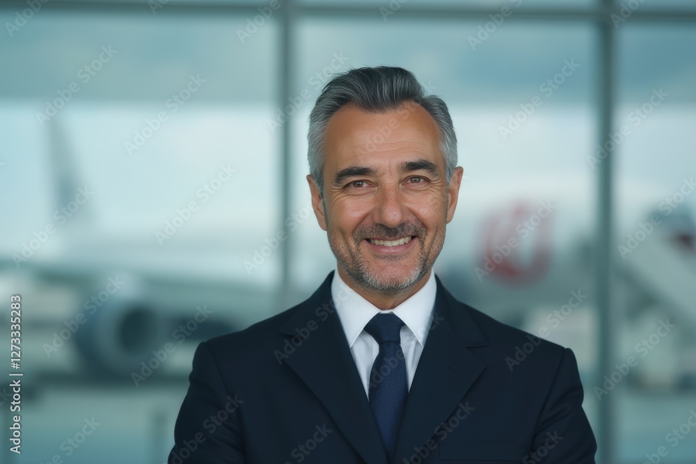 Head and shoulders Portrait of an elegant stylish Turkish 50 years old male flight attendant in uniform. Head and shoulders Portrait of an elegant stylish Turkish 50 years old male flight attendant in uniform.