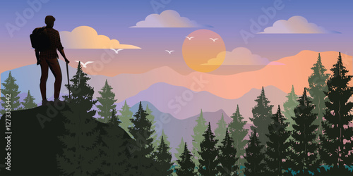 Backpacker on mountain top. Male person with backpack standing on top looking at view over horizon, mountain range and sunset or  sunrise. Vector