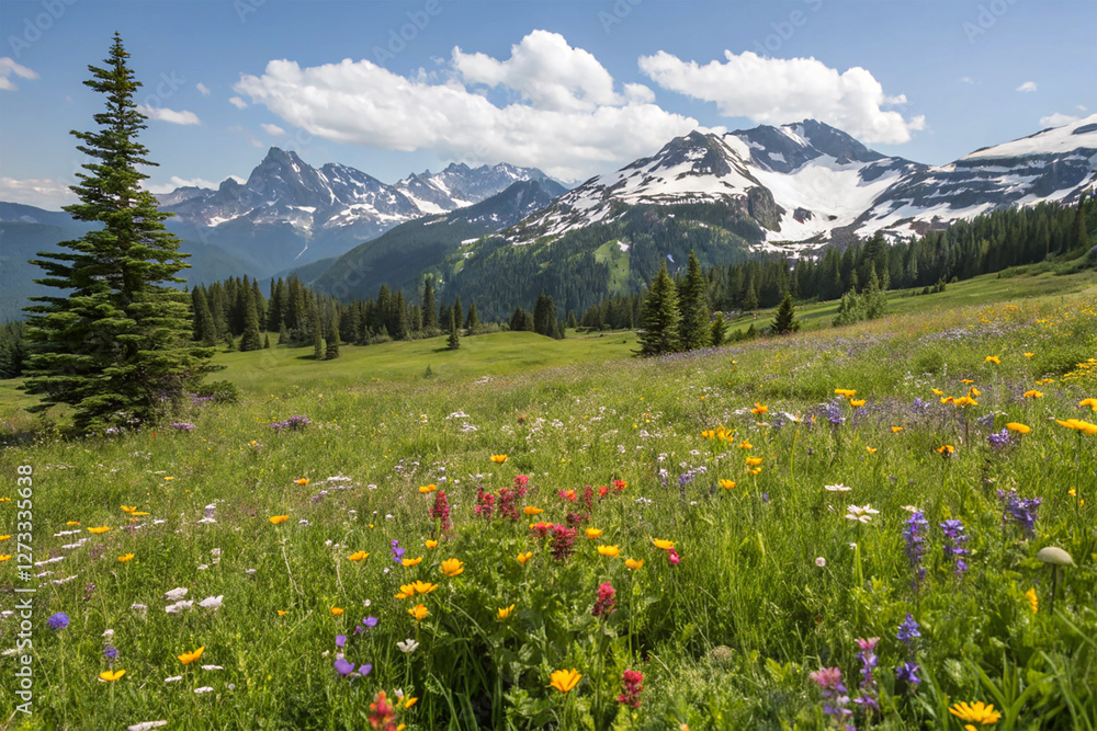 Naklejka premium Alpine meadow with wildflowers