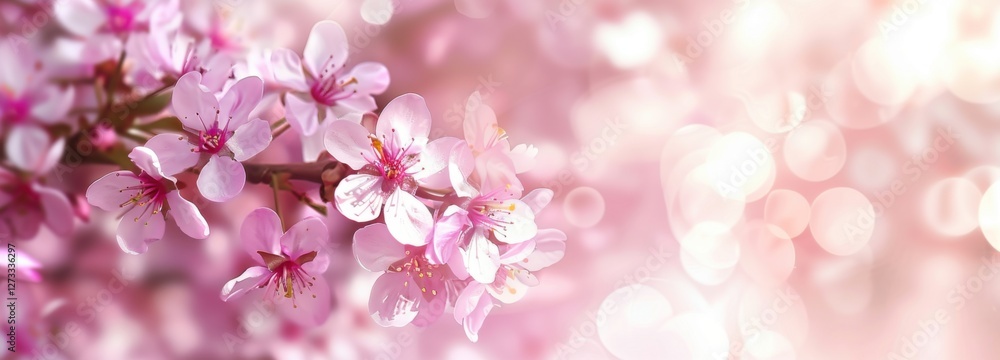 Pink cherry flowers on pink blurred backgrond. Amazing close-up of spring blossom. Perfect romantic lovely scene arousing happiness. Business advertisement materials. with copy space Pink cherry flowers on pink blurred backgrond. Amazing close-up of spring blossom. Perfect romantic lovely scene arousing happiness. Business advertisement materials. with copy space