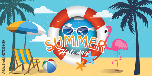  illustration flat style summer background of sea shore. Good sunny day. Deck chair and beach umbrella on the sand coast. holiday concept.