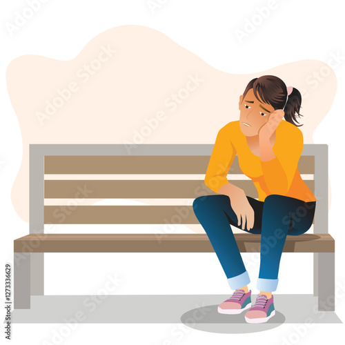 Young woman desperate sitting on wood bench on white background. vector