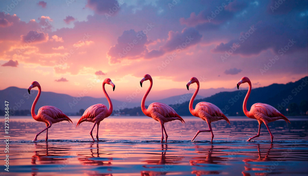 Fototapeta premium Group of five flamingos wading through water against a colorful twilight sky