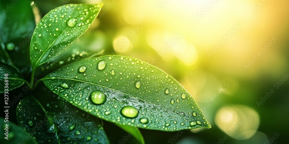 Fototapeta premium Dew Drops on Green Plant in Sunlight, Generative AI
