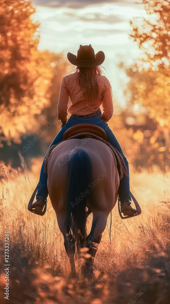 Frau, mittleren Alters, 40 Jahre alt, reitet auf einem Pferd eine herbstliche Landschaft, Indian Summer Sie trägt Westernoutfit mit Cowboyhut und Jeans, Generative AI