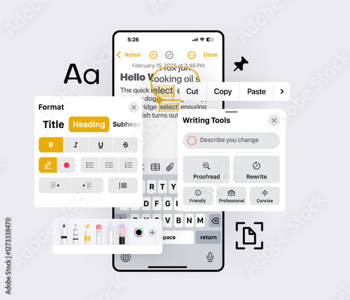 Writing Tools with Artificial Intelligence on Phone. Mobile Text Editing Interface with Formatting Options. Text Editor UI on Smartphone with Formatting and AI Writing Tools