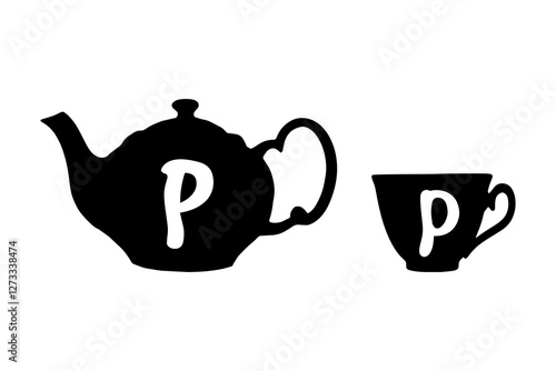 Teapot and tea cup retro tag with Latin letter P on white background
