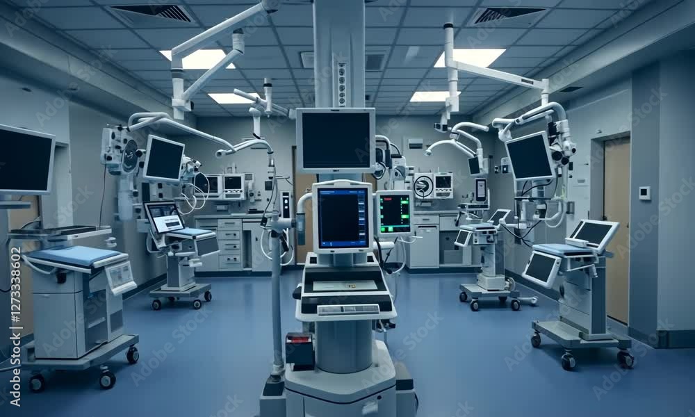 A sterile medical room filled with advanced equipment for patient care and monitoring. A sterile medical room filled with advanced equipment for patient care and monitoring.