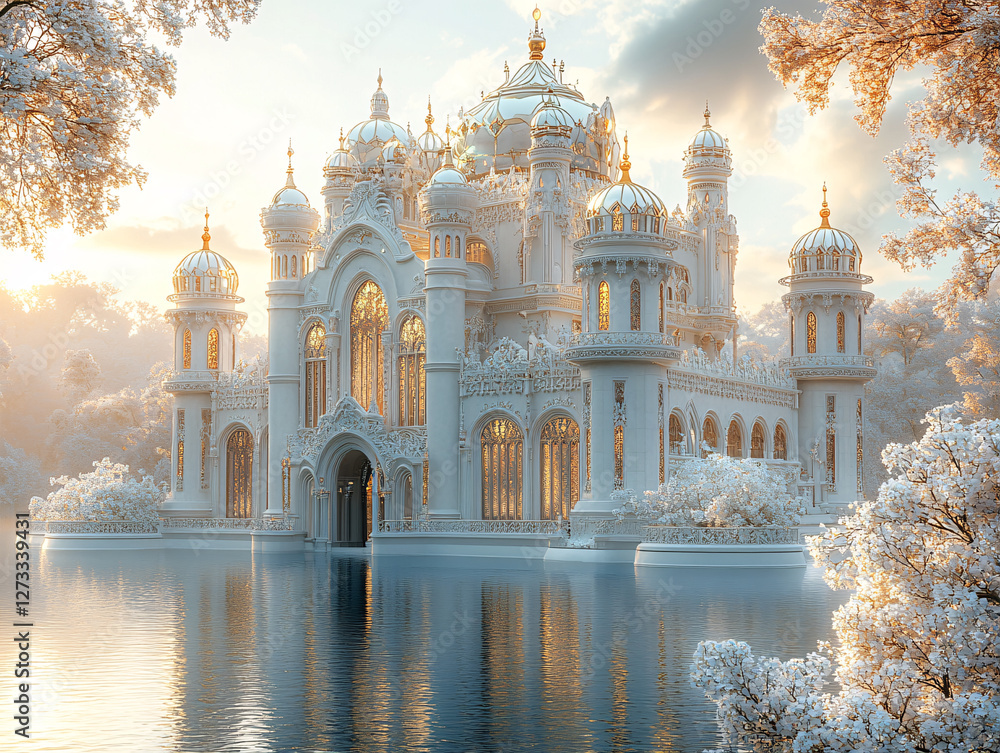 Obraz premium a stunning, white, ornate castle surrounded by water and lush, flower-filled trees. The castle's intricate architecture and the serene, sunlit surroundings create a magical and fantastical atmosphere