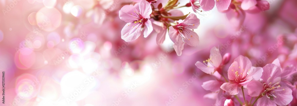Pink cherry flowers on pink blurred backgrond. Amazing close-up of spring blossom. Perfect romantic lovely scene arousing happiness. Business advertisement materials. with copy space Pink cherry flowers on pink blurred backgrond. Amazing close-up of spring blossom. Perfect romantic lovely scene arousing happiness. Business advertisement materials. with copy space