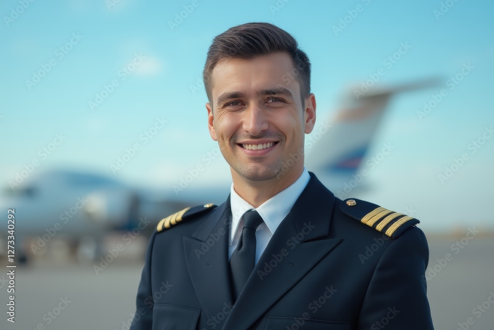 Head and shoulders portrait of a Bosnian smiling young male airplane captain pilot in uniform. Head and shoulders portrait of a Bosnian smiling young male airplane captain pilot in uniform.