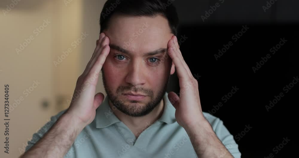 Bearded man with strong headache. Young male temples feeling stress or pain. Stress or headache concept. Bearded man with strong headache. Young male temples feeling stress or pain. Stress or headache concept.