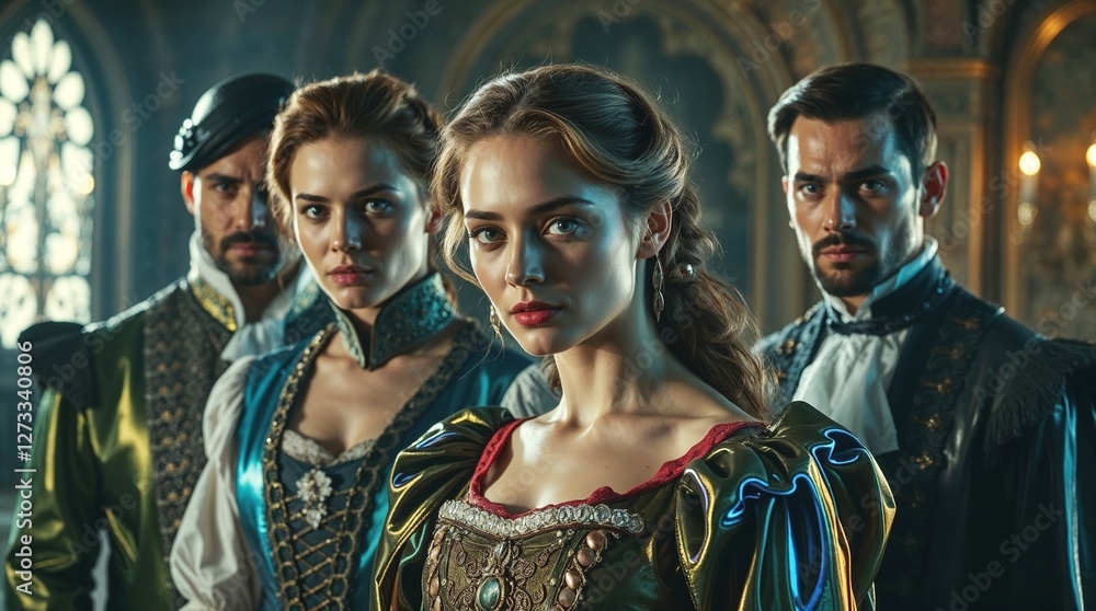 Renaissance noble group in an opulent palace setting. historical costumes, history, culture, Renaissance noble group in an opulent palace setting. historical costumes, history, culture,