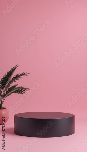 A minimalist black platform set against a soft pink background, perfect for showcasing products or as a stylish backdrop in retail and artistic presentations. photo