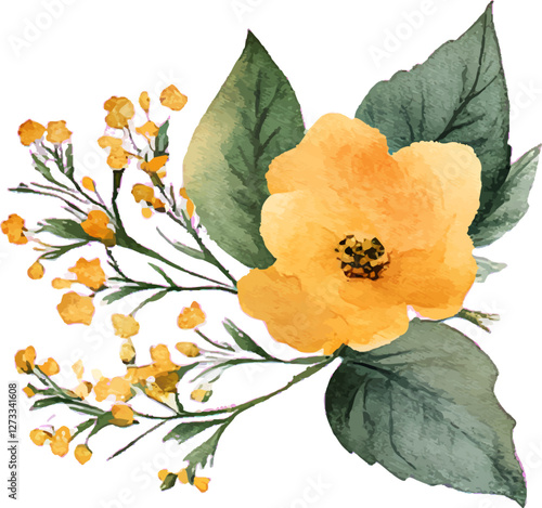 Watercolor Yellow Wildflowers and Green Leaves, Hand-Painted Botanical Illustration