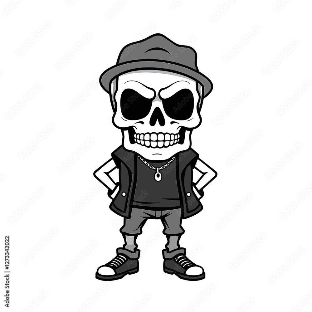 Fototapeta premium a skull wearing a hat, a leather vest, and sneakers.