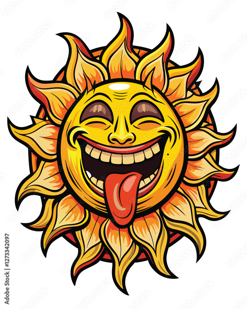 A jovial cartoon sun with a playful, long tongue sticking out, laughing heartily. Bright, cheerful colors. A jovial cartoon sun with a playful, long tongue sticking out, laughing heartily. Bright, cheerful colors.