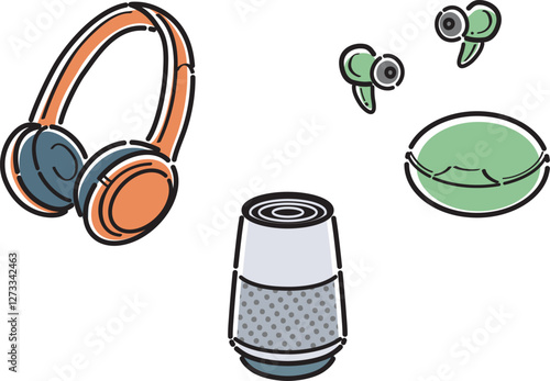 ヘッドフォン・イヤフォン・スマートスピーカーのイラスト　線画