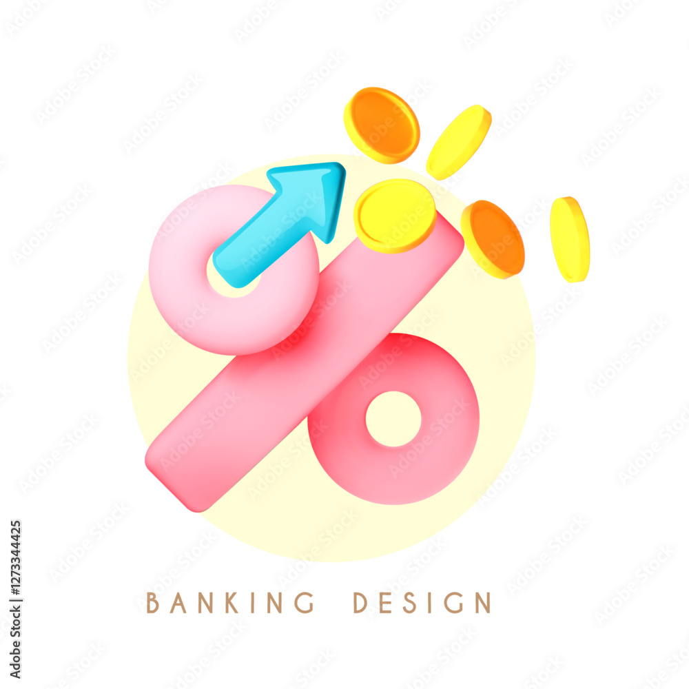 3D bank icon with coins, up arrow and percent sign on color background. Money growth. Online banking design 3D bank icon with coins, up arrow and percent sign on color background. Money growth. Online banking design