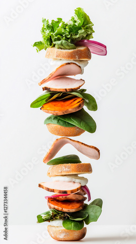 Mega Sandwich with Turkey, Grilled Sweet Potatoes, Spinach, and Yogurt Sauce