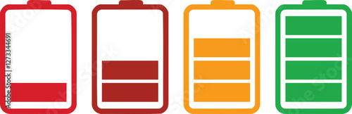 set of battery charge level indicator, a set of four different colored battery indicators, vector illustration