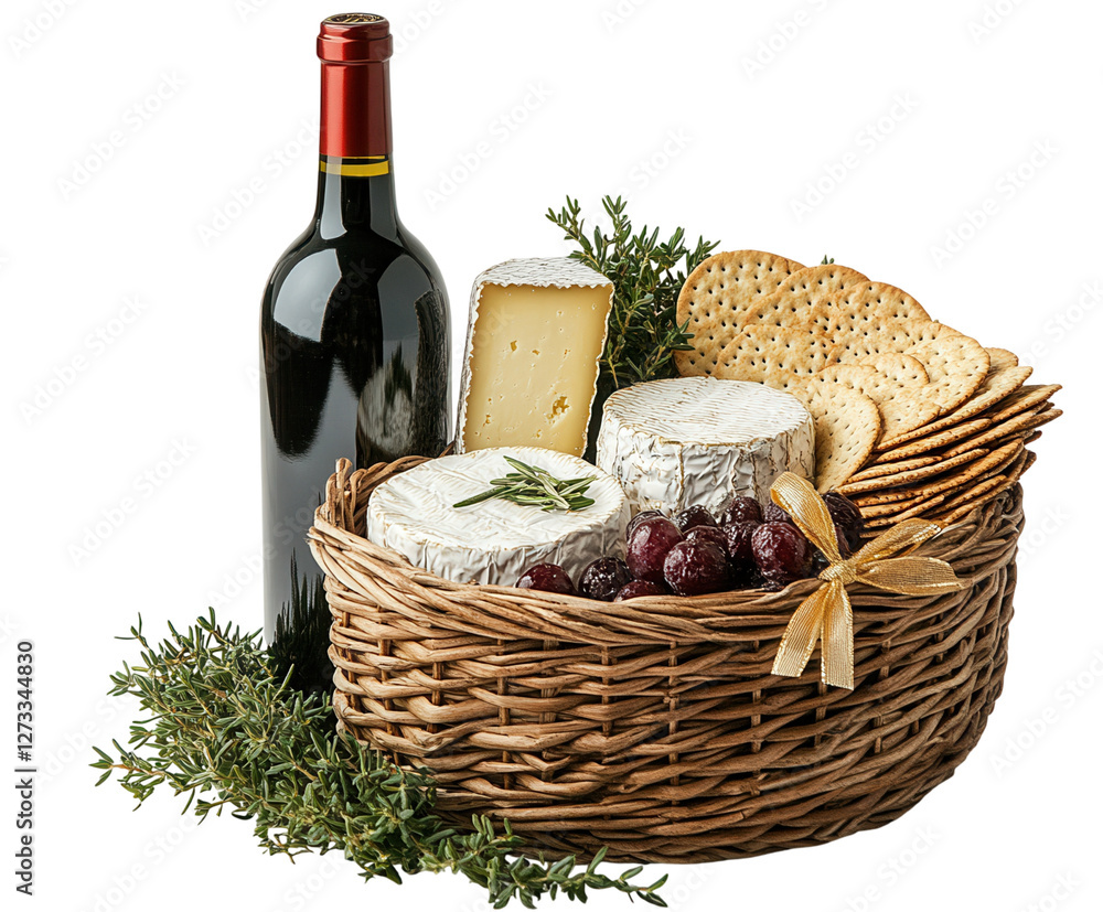 Naklejka premium Gourmet cheese and wine basket. Transparent background png.