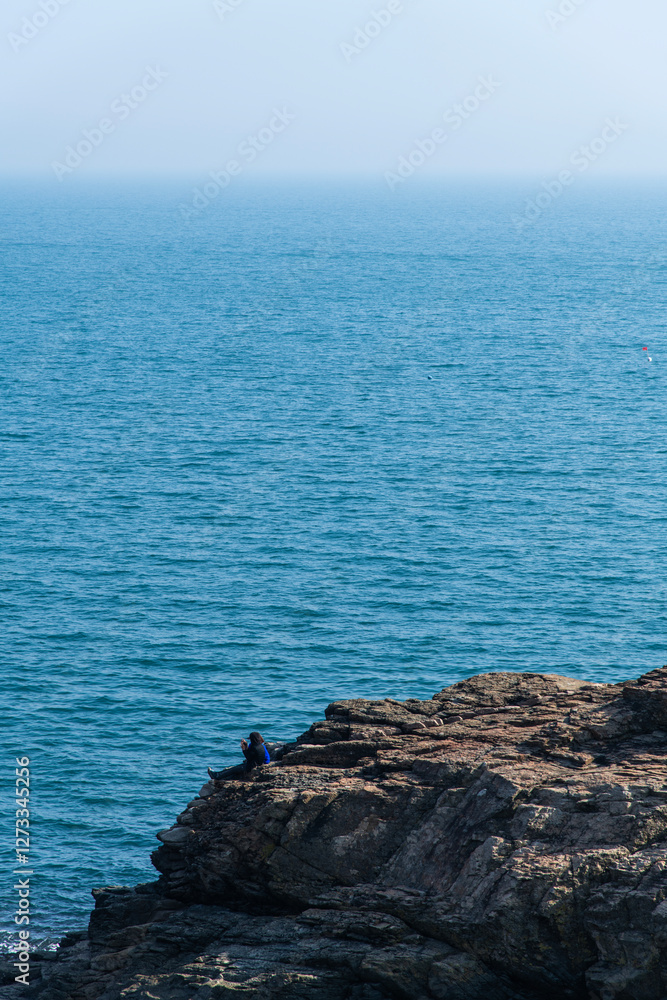 idyllic seascape with the tourist on the rock idyllic seascape with the tourist on the rock