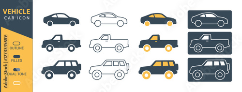 Vehicle Icon Collection – Cars, Trucks, and SUVs in Multiple Styles