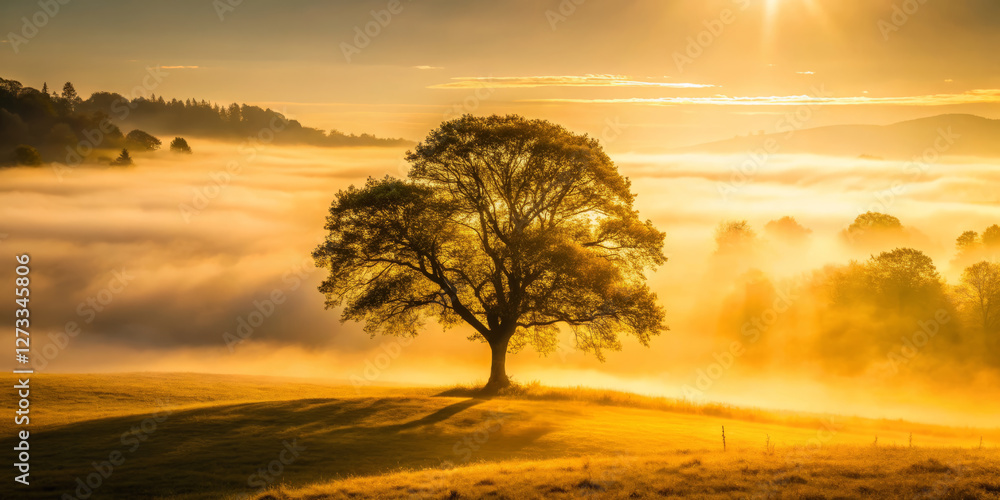 solitary tree stands tall amidst golden light and misty landscape solitary tree stands tall amidst golden light and misty landscape