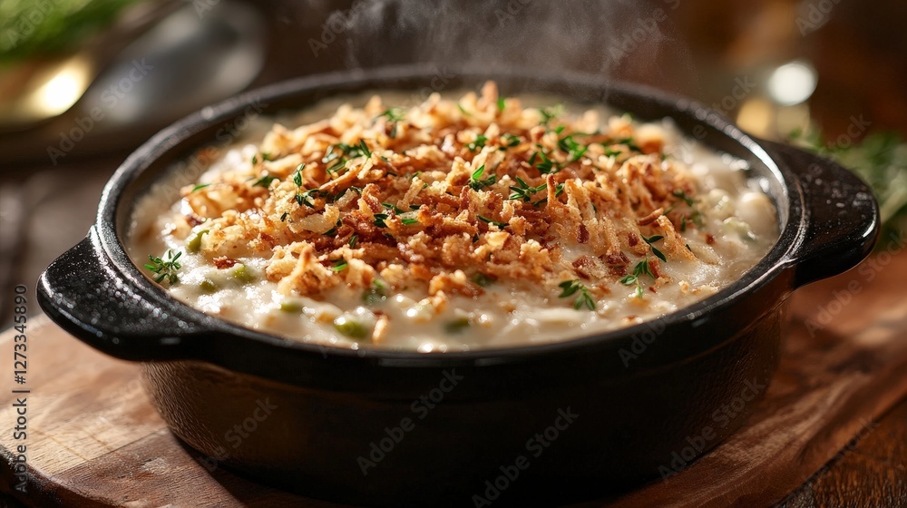 A steaming dish of creamy casserole topped with crispy onions and herbs, served in a black pot. A steaming dish of creamy casserole topped with crispy onions and herbs, served in a black pot.