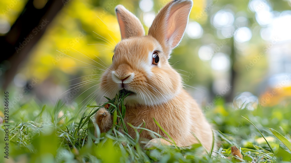 Fototapeta premium Fluffy bunny eating grass in a field with a blurred background. Possible pet advertisement